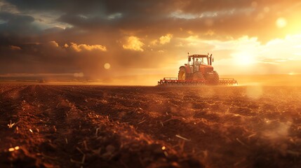 Fototapeta premium Tractor working in a field at sunset.