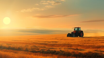 Fototapeta premium Tractor in a field at sunset.