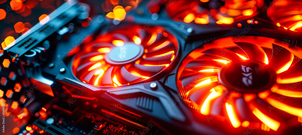 Poster a close-up shot of a high-performance graphics card with glowing red fans, illuminating the intricat