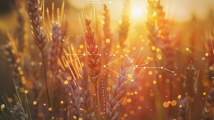 Fototapeta premium Golden wheat field with blurred sunset light in the background and beautiful bokeh. Wheat farming concept ready to harvest