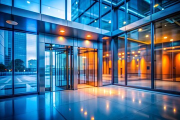 Fototapeta premium The Revolving Doors Of A Modern Office Building With A Blue Glass Facade