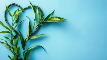 Fototapeta premium Rattan plant shaped like a heart on blue backdrop symbolizing love