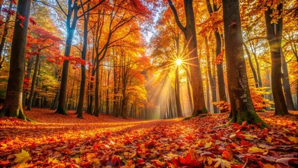 Fototapeta premium Vibrant orange, yellow, and red leaves scattered on a serene forest floor, illuminated by warm sunlight filtering through a canopy of towering trees.,hd,8k.