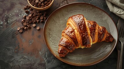 Chocolate croissant freshly baked on a plate with room for text
