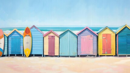 A row of pastel beach huts along a sandy shore with colorful surfboards.