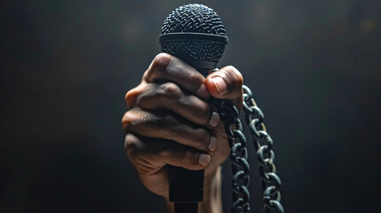 Hand holding a microphone with a chain on a dark background, symbol of press freedom and freedom of speech. Concept for World Press Freedom Day and journalism ethics.