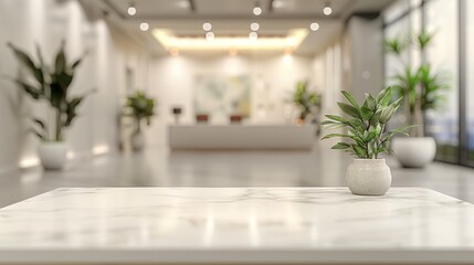 A modern office interior with a blurred background, white desk and glass wall, blurred focus on an open space or conference room table