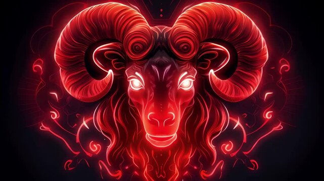 Aries ram head zodiac sign symbol glows with red neon light on dark background