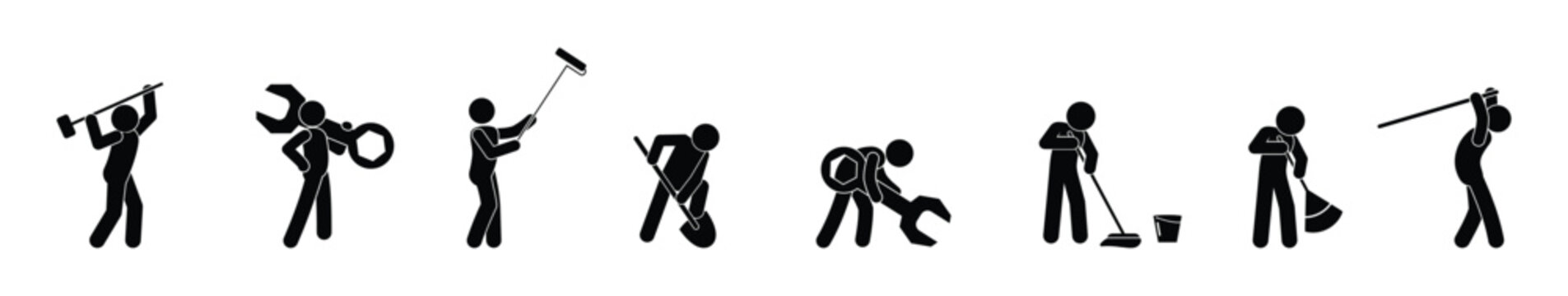 people working, man holding tools, isolated silhouettes of people, worker icon