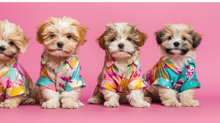 Havanese dog puppies in vibrant, fashionable outfits, isolated on a solid background. Perfect for birthday party invitations or banners, with ample copy text space.