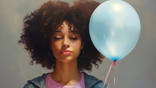 Girl holding a balloon. She is of African American nationality, around 24 years old	
