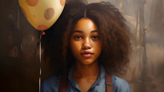 A girl with freckles on her cheeks, holding a balloon	
