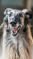 Fototapeta premium A dog with a big smile on its face and sharp teeth looking aside