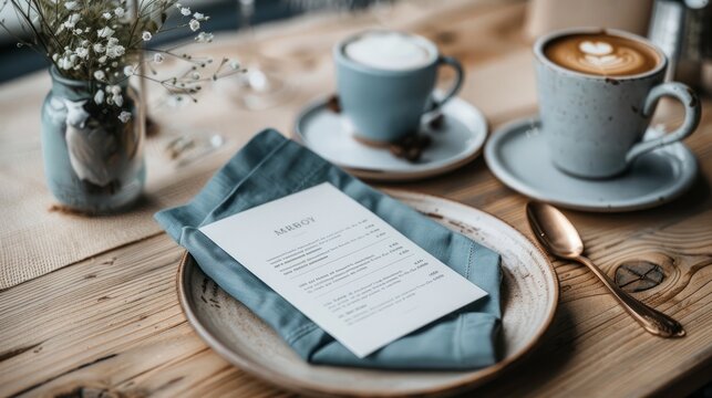 Blue menu model on a Scandinavian style beige wooden desktop. The menu is on a beige wooden table in the cafe, blue napkins with white cells, Cafe