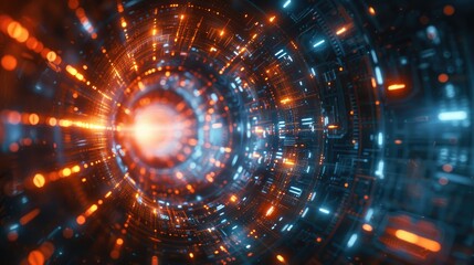Obraz premium Abstract digital tunnel with glowing orange and blue lights. Futuristic, technology, and data concept.