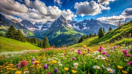 Fototapeta premium Serene idyllic mountain landscape in the alps with lush green meadows awash with vibrant wildflowers blooming in springtime under blue sky with puffy clouds.,hd,8k.