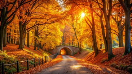 Vibrant orange and yellow hues dominate the serene landscape as a winding pathway disappears into a tunnel of majestic autumn trees, bathed in warm golden light.,hd,8k.