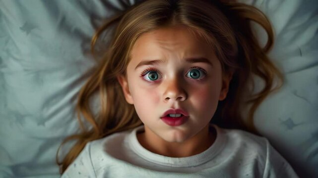Top view of frightened girl lying on pillow in bed. Night terrors and restless dreams in child after overload of nervous system.