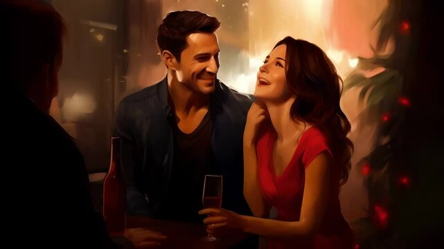 A young woman in a red dress does not hesitate to flirt with her husband's friend in the evening and thinks about cheating	
