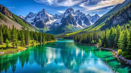 Breathtaking serene mountain landscape with rugged snow-capped peaks towering above serene turquoise lake surrounded by lush green forest under crystal-clear blue sky.,hd,8k.