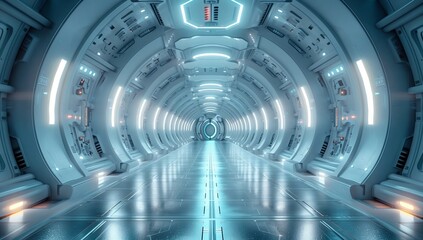 The space corridor in a futuristic scifi style is illuminated with neon lighting