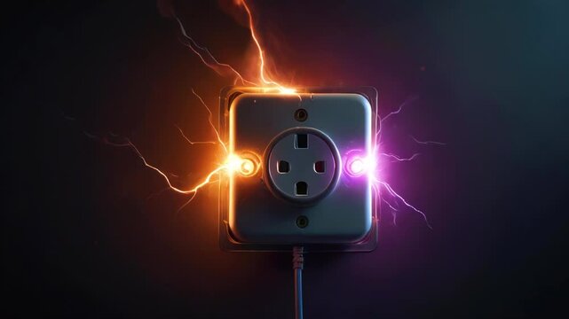 Orange and purple sparks near socket on wall. Short circuit in old wiring and danger of electric shock.