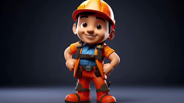 Character design of a construction worker in a hard hat and safety vest, holding a toolbox against a gentle solid pastel orange backdrop, suitable for construction industry presentatio