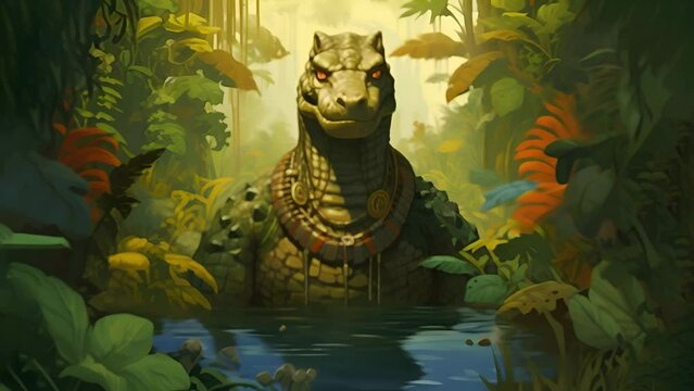 The Sobek, the crocodile god, lurking in the Nile waters, surrounded by lush papyrus plants