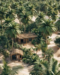 Fototapeta premium Scenic tropical landscape with rustic cabins nestled among lush palm trees on sandy terrain, ideal for a peaceful and serene getaway.