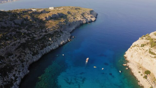 Drone view of Anthony Quinn Bay in Faliraki, Rhodes Island, Greece.
