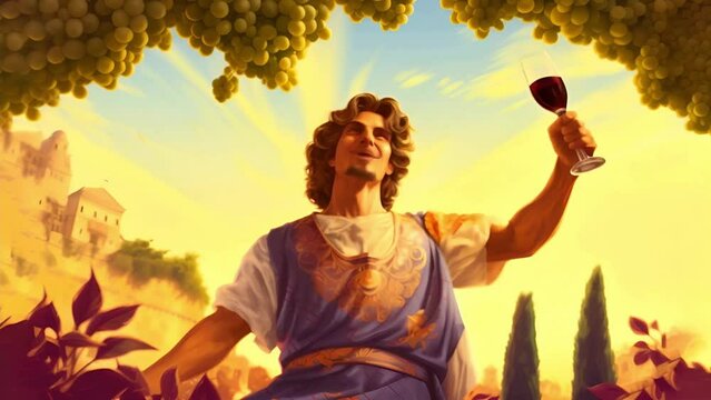 Ancient Greek god Dionysus with grapes and wine smiling at people	
