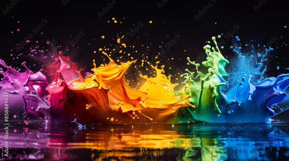 Poster vibrant rainbow paint splashes explode against a dark background. the colors are rich and dynamic, c