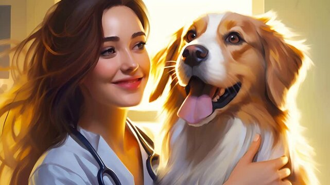 Young girl doctor veterinarian with her patient, a large fluffy dog, in the clinic office	
