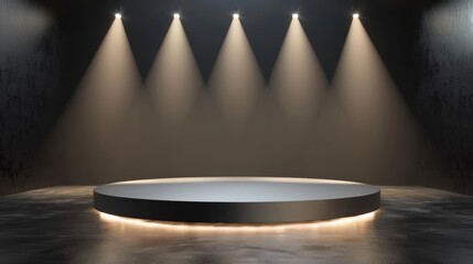 A circular podium with a glowing ring, illuminated by four spotlights on a dark background.