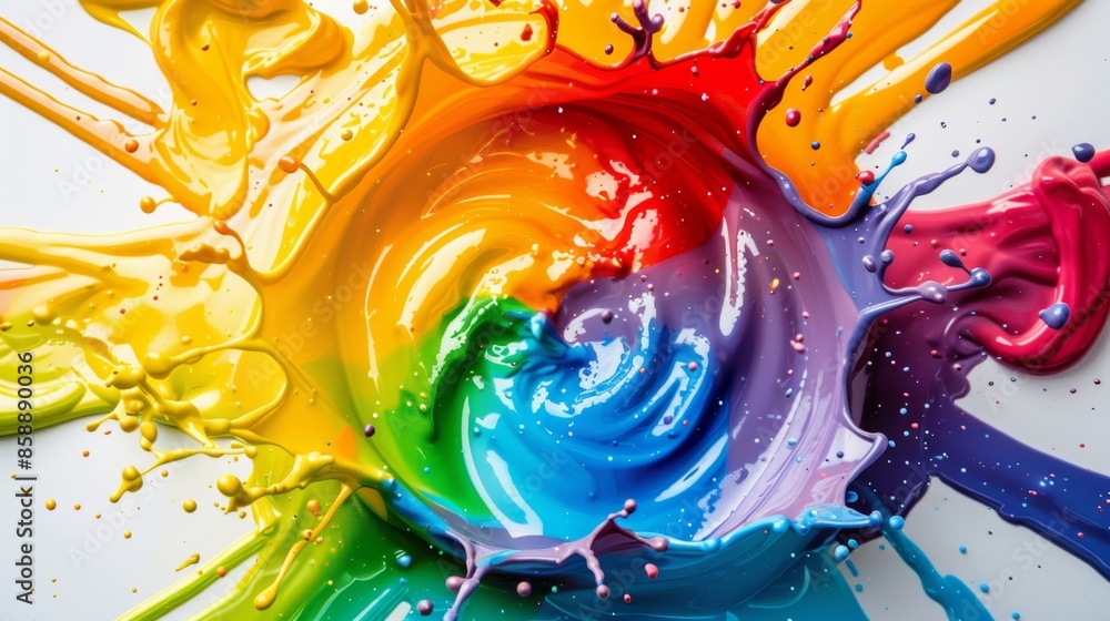 Poster a vibrant splash of rainbow paint on a white background. the colors blend and swirl, creating a dyna