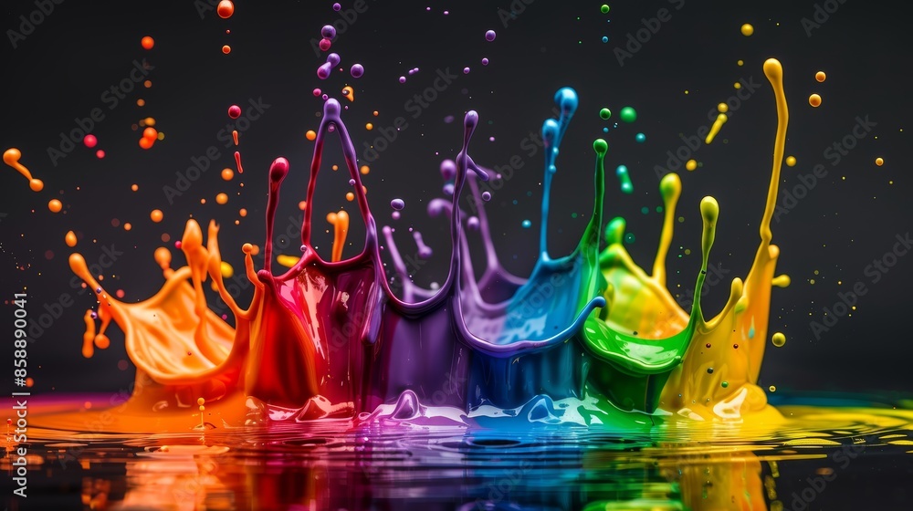 Poster a vibrant rainbow of paint splashes and splatters against a black background, creating a dynamic and