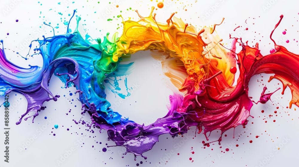 Poster a vibrant rainbow of paint splashes in a circular shape, creating a dynamic and colorful composition