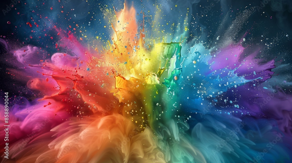 Poster a vibrant explosion of color in a rainbow pattern against a dark background. photo features dynamic,