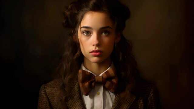 Young woman wearing a vintage tweed jacket and a classic bowtie, evoking the essence of her grandfather's wardrobe