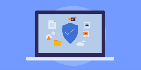 Internet security shield personal information safety, data access control software program conceptual vector illustration.