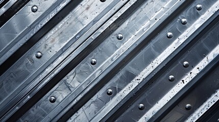 Diagonal steel beams with rivets and an industrial texture.