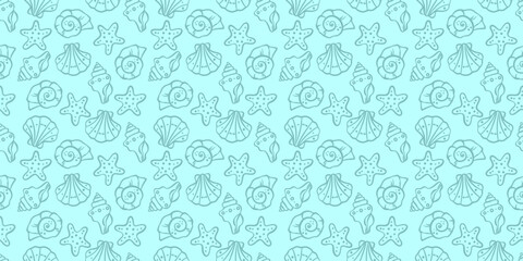 Shell seamless repeat pattern tile, summer vector backgorund