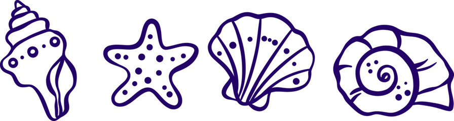 Shell blue line art illustration set, cute summer doodles, graphic element collection, isolated