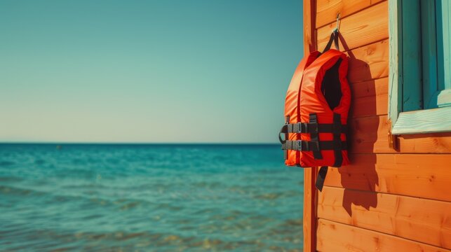 Bright Orange Life Jacket Hanging on Wooden Beach Hut by the Ocean Shore