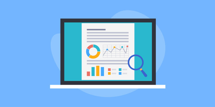 Financial report and business data analytics on laptop screen, vector illustration.
