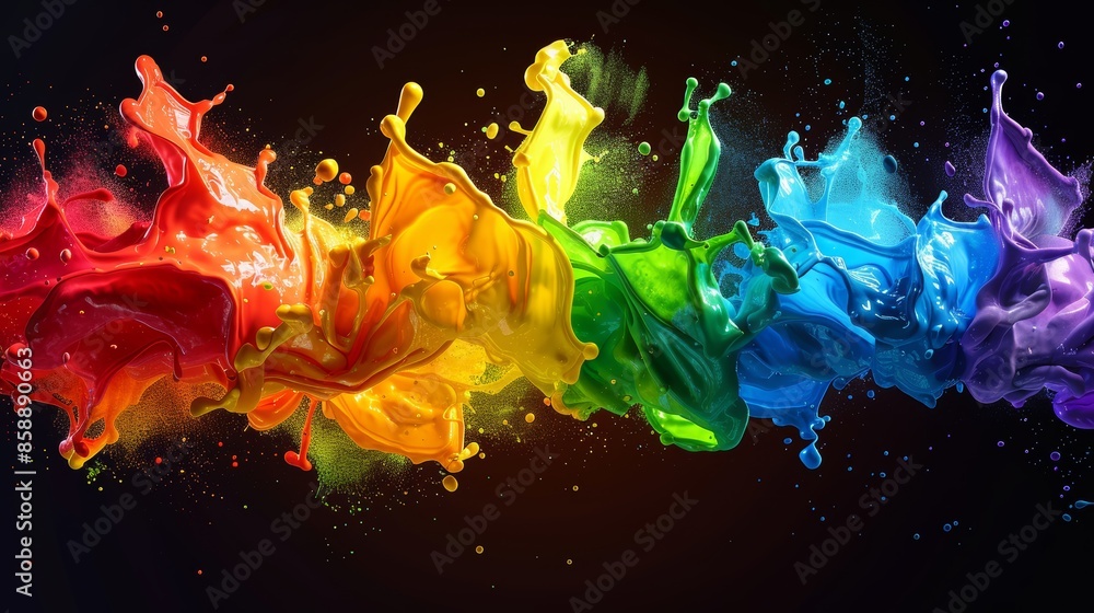Poster vibrant rainbow paint splashes against a black background, creating a dynamic and colorful abstract 