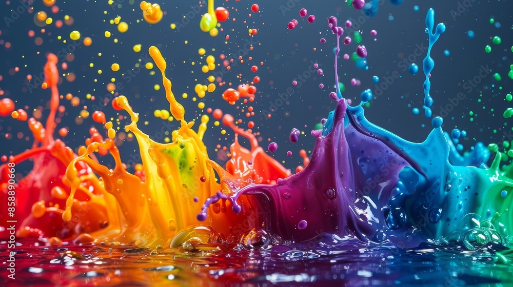 Poster vibrant rainbow paint splashes against a dark blue background, creating a dynamic and colorful abstr