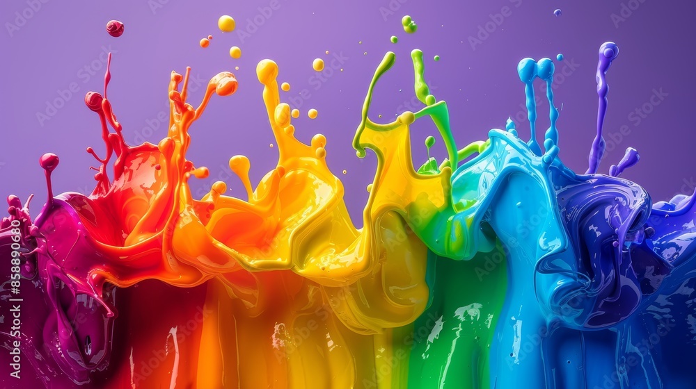Poster vibrant rainbow paint splashes against a purple background, creating a dynamic and colorful abstract