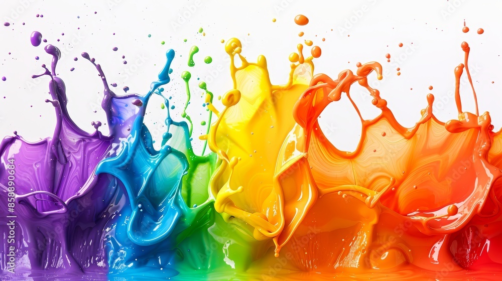 Poster vibrant rainbow paint splashes against a white background, creating a dynamic and colorful abstract 