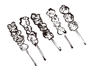 焼き鳥5本の手書きの和風筆書きイラスト